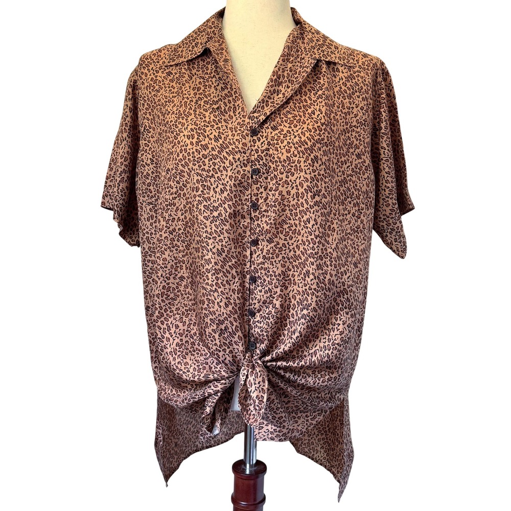 Bogari Studio 90s Silk Blouse Leopard Print Light Brown Oversized Sz Small
